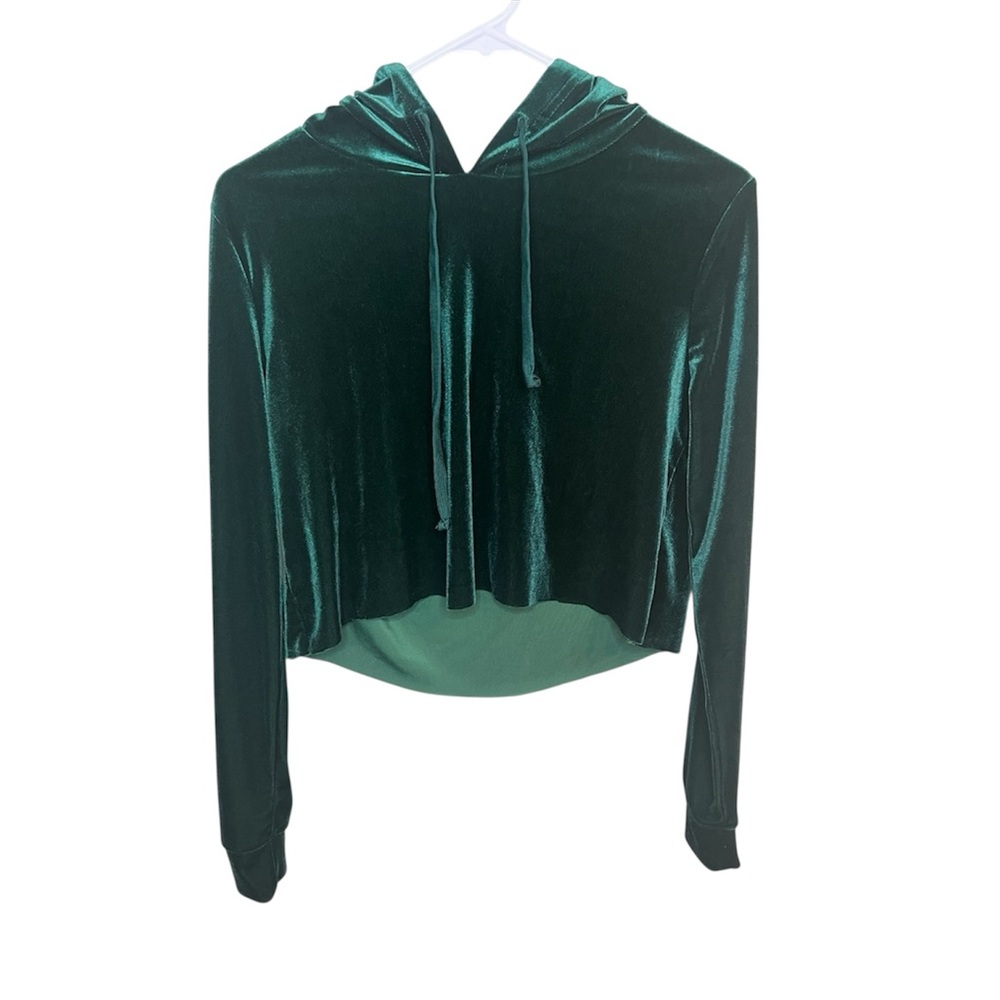 Forever 21 Womens Green Velvet Long Sleeve Cropped Pullover Hoodie Size Medium